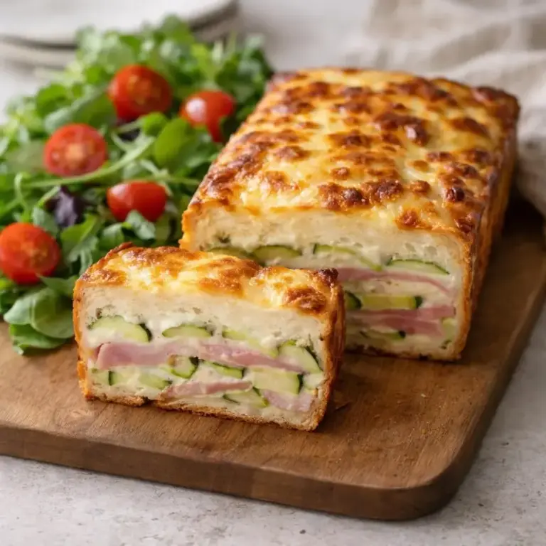 Découvrez la recette du cake salé aux courgettes, jambon et sauce fromage