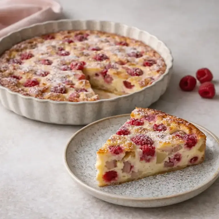 Clafoutis léger framboise et rhubarbe : la recette sans pâte facile